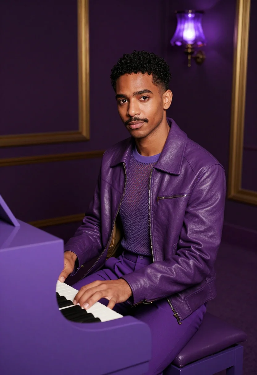 AI prince purple sample — portrait of a man, a man in his late twenties with warm brow