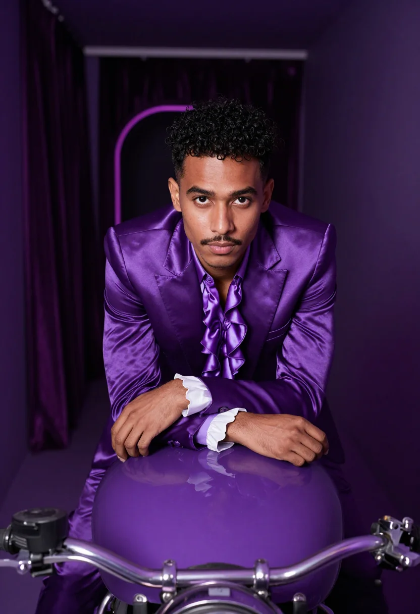 AI prince purple sample — portrait of a man, a man in his late twenties with warm brow