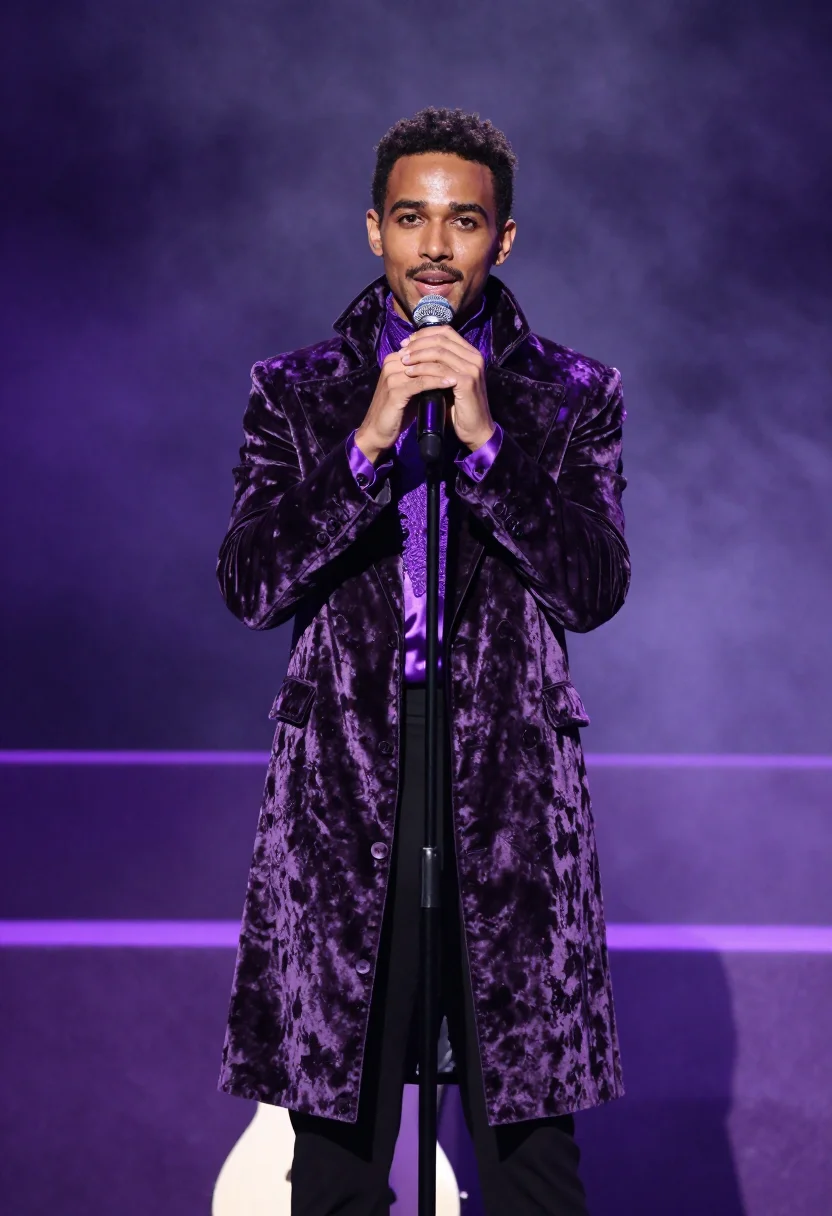 AI prince purple sample — portrait of a man, a man in his late twenties with warm brow