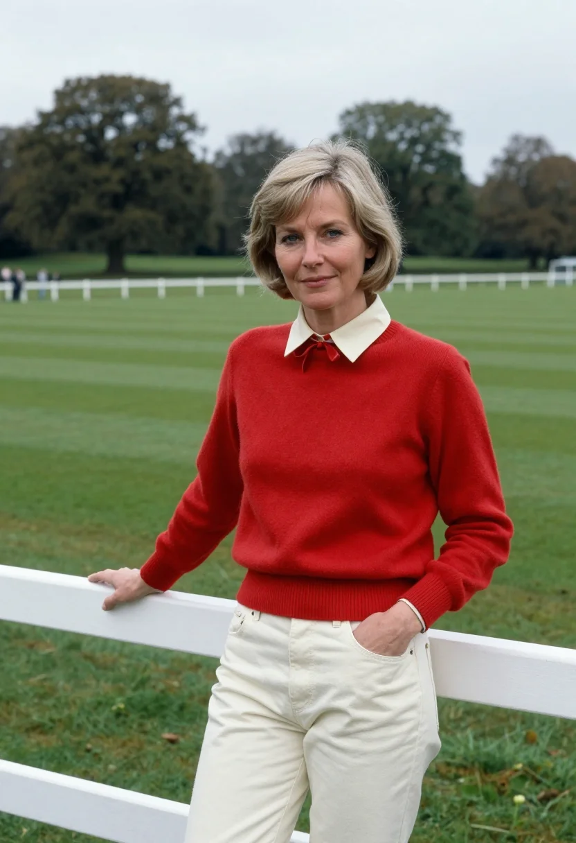 AI princess diana kensington sheep sweater red accent sample — portrait of a woman, an English woman in her mid-forties wit