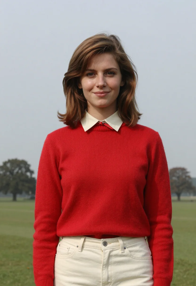 AI princess diana kensington sheep sweater red accent sample — portrait of a woman, a French woman in her late twenties wit