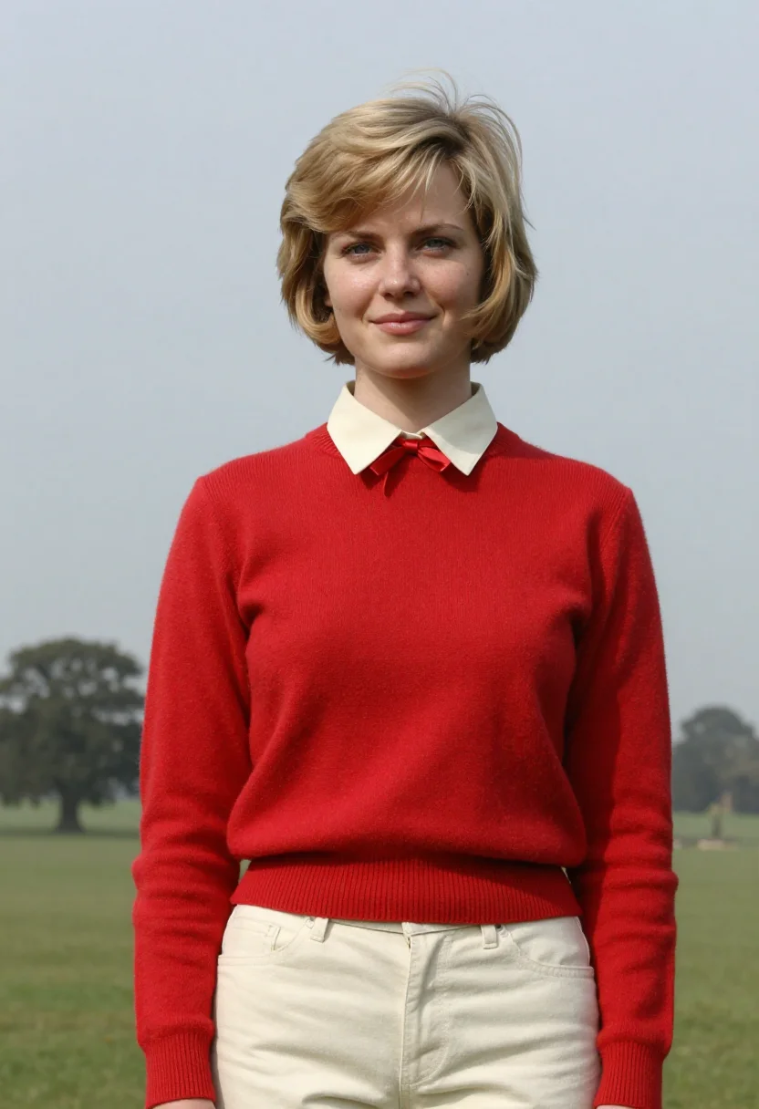 AI princess diana kensington sheep sweater red accent sample — portrait of a woman, an English woman in her early twenties
