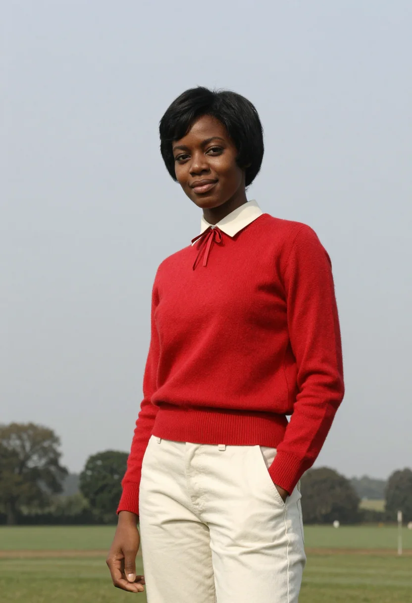 AI princess diana kensington sheep sweater red accent sample — portrait of a woman, a Black British woman in her early thir