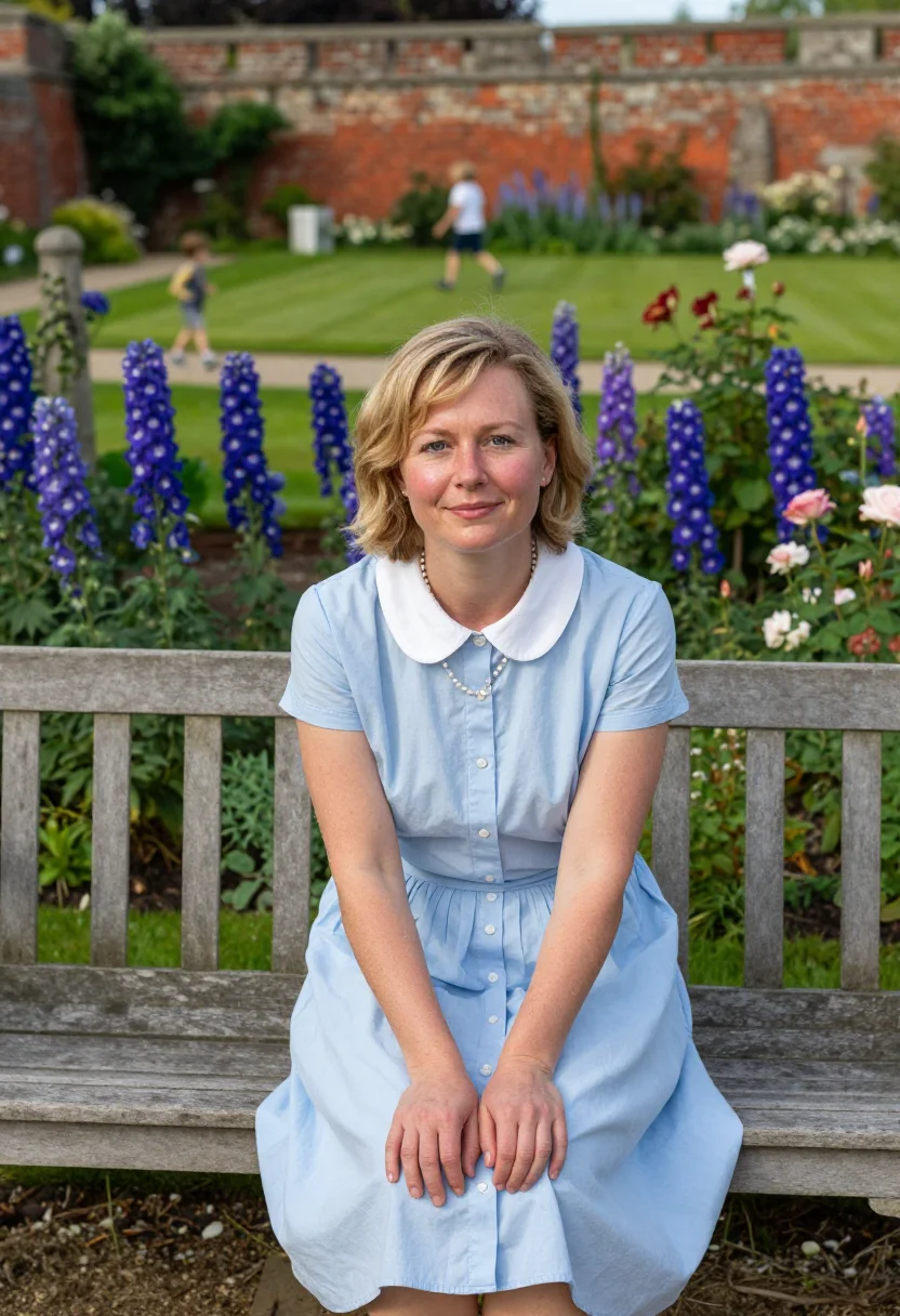 AI princess diana sample — portrait of a woman, a waist-up photograph on a garden bench