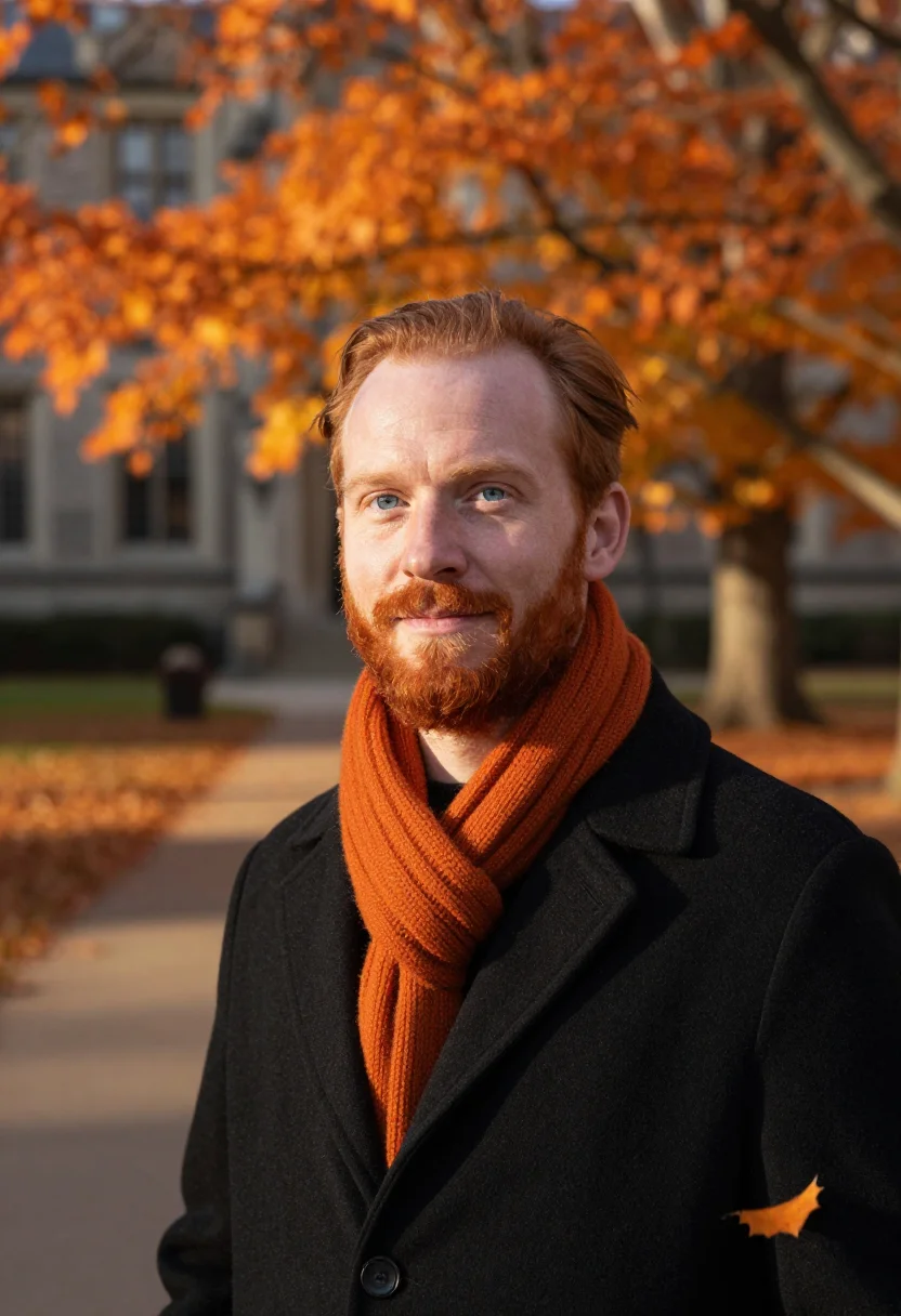 AI princeton lecturer black orange sample — portrait of a man, close headshot of a Western-European man