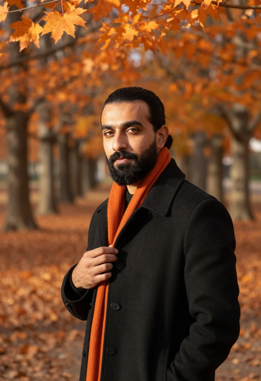 AI princeton lecturer black orange sample — portrait of a man, chest-up portrait of a Middle-Eastern man