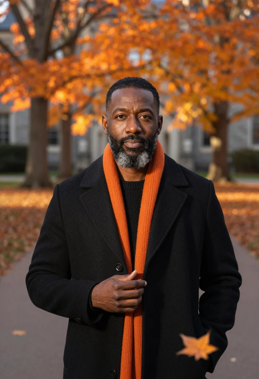 AI princeton lecturer black orange sample — portrait of a man, chest-up portrait of an African-American