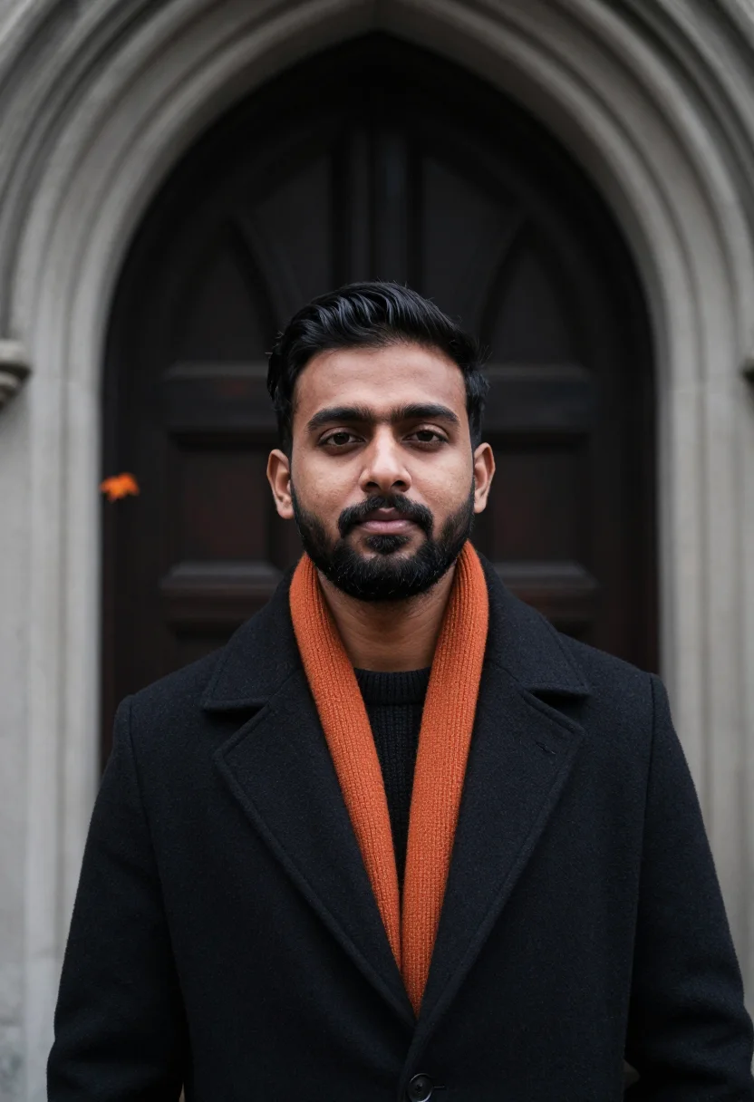 AI princeton lecturer black orange sample — portrait of a man, close headshot of a South-Asian man in hi
