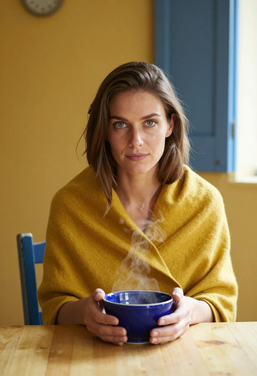 AI provence breakfast blue yellow sample — portrait of a woman, framed chest-up, the body close to the