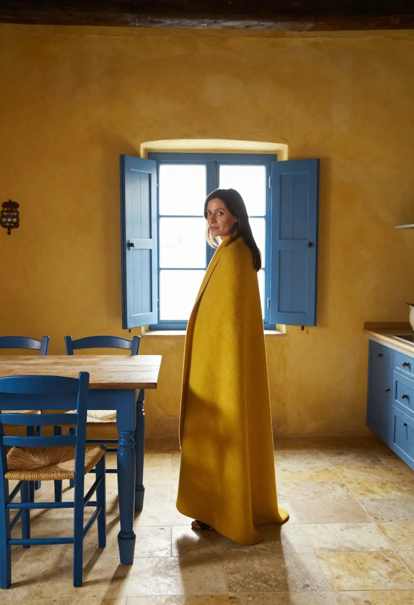 AI provence breakfast blue yellow sample — portrait of a woman, framed wide, the whole kitchen seen fro