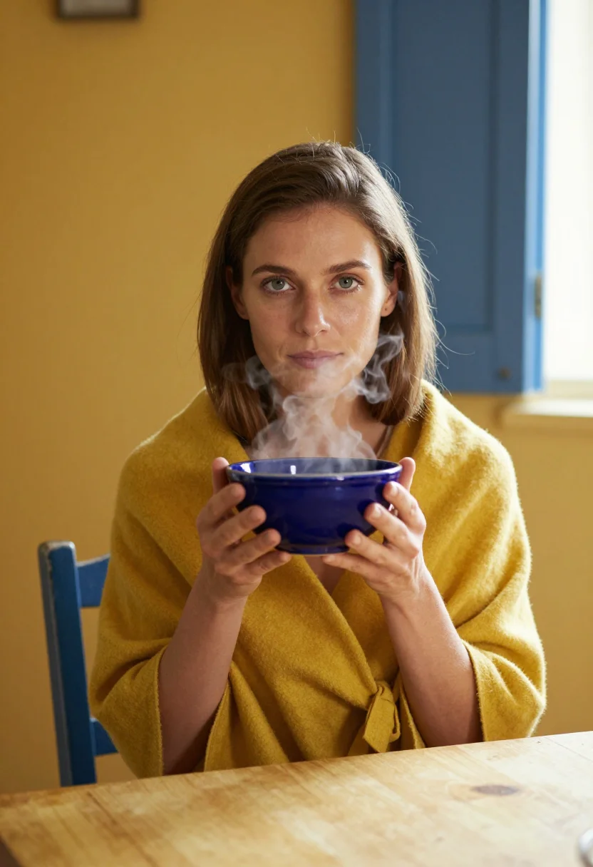 AI provence breakfast blue yellow sample — portrait of a woman, framed tight, head and shoulders, the b