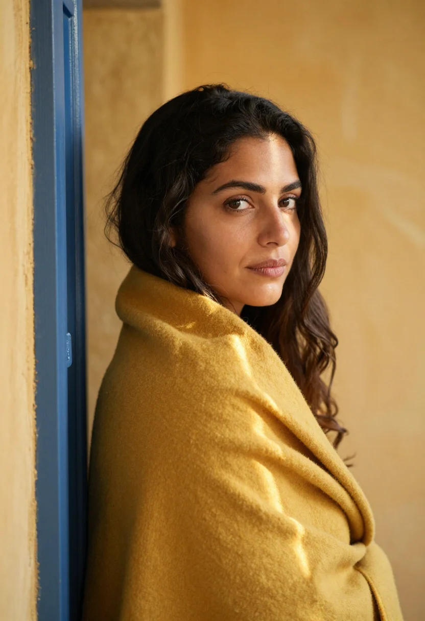 AI provence breakfast blue yellow sample — portrait of a woman, framed tight on the face and the wrap's