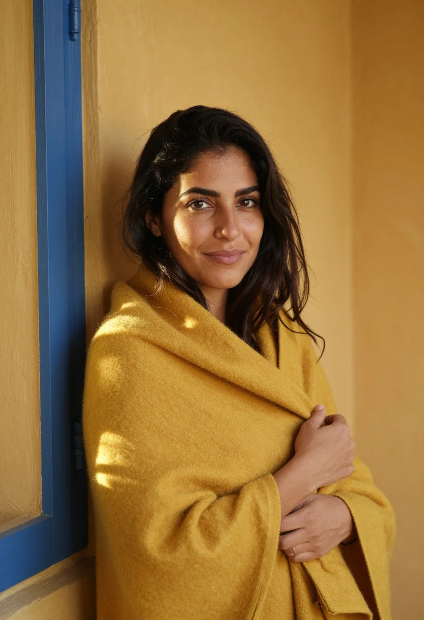 AI provence breakfast blue yellow sample — portrait of a woman, framed chest-up, the body close to the