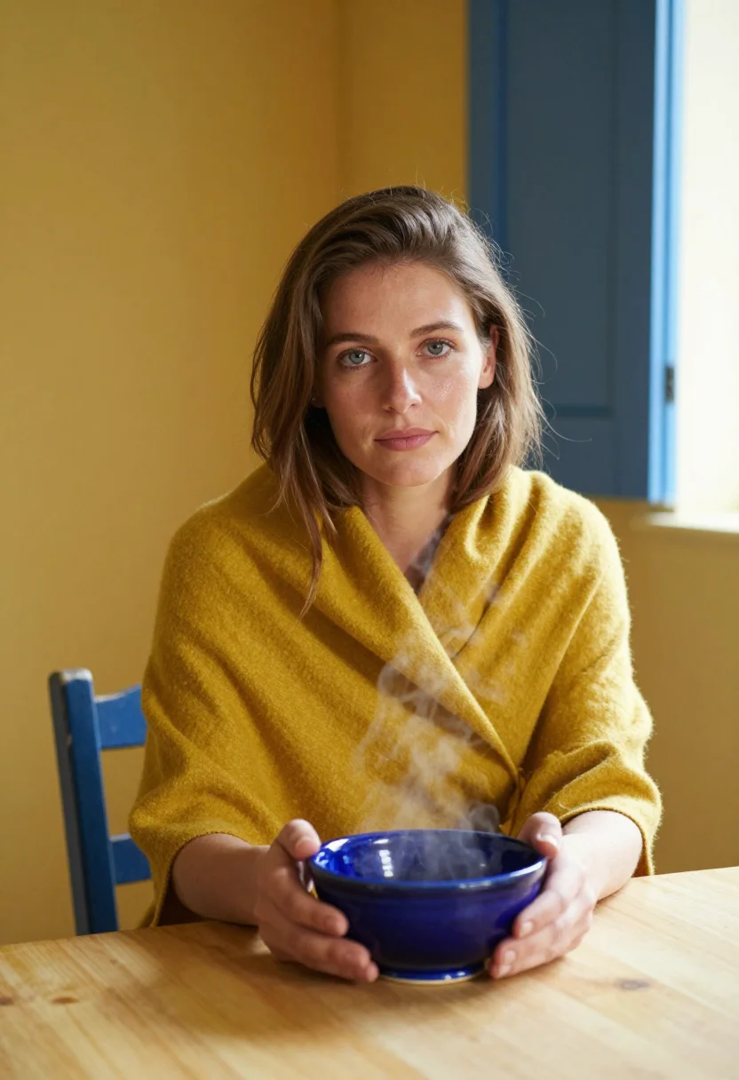 AI provence breakfast blue yellow sample — portrait of a woman, framed half-length from the crown to th