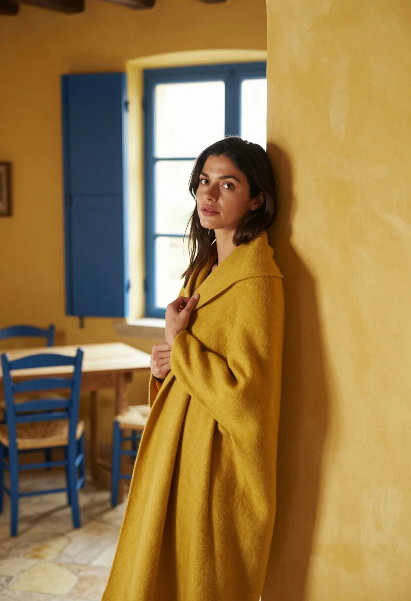 AI provence breakfast blue yellow sample — portrait of a woman, framed chest-up, the body close to the