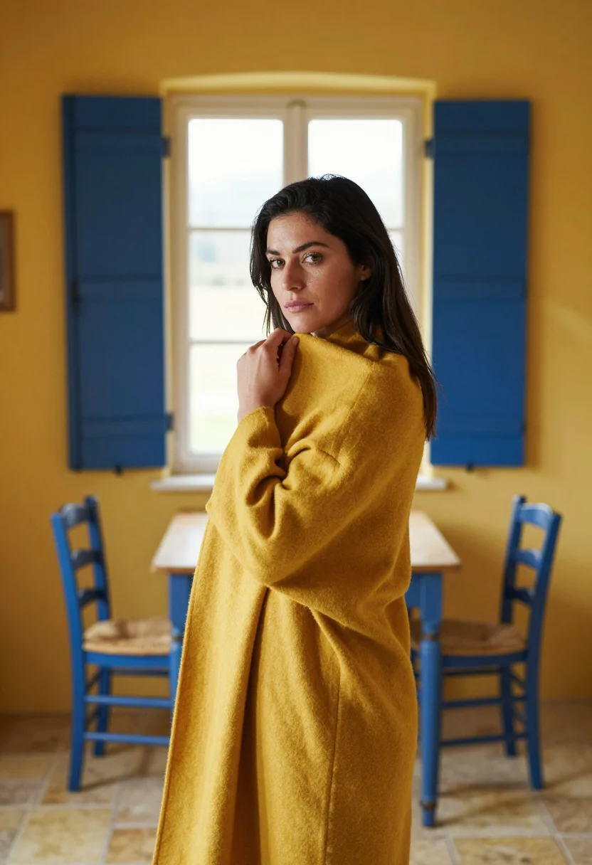 AI provence breakfast blue yellow sample — portrait of a woman, framed tight, head and shoulders, the b