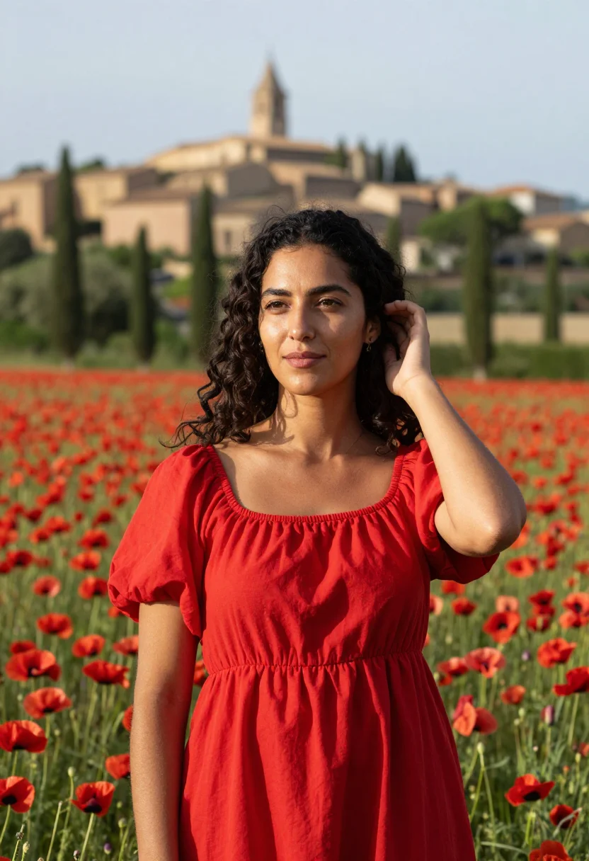 AI provence poppy fields may red sample — portrait of a woman, a French-Moroccan traveller in her earl
