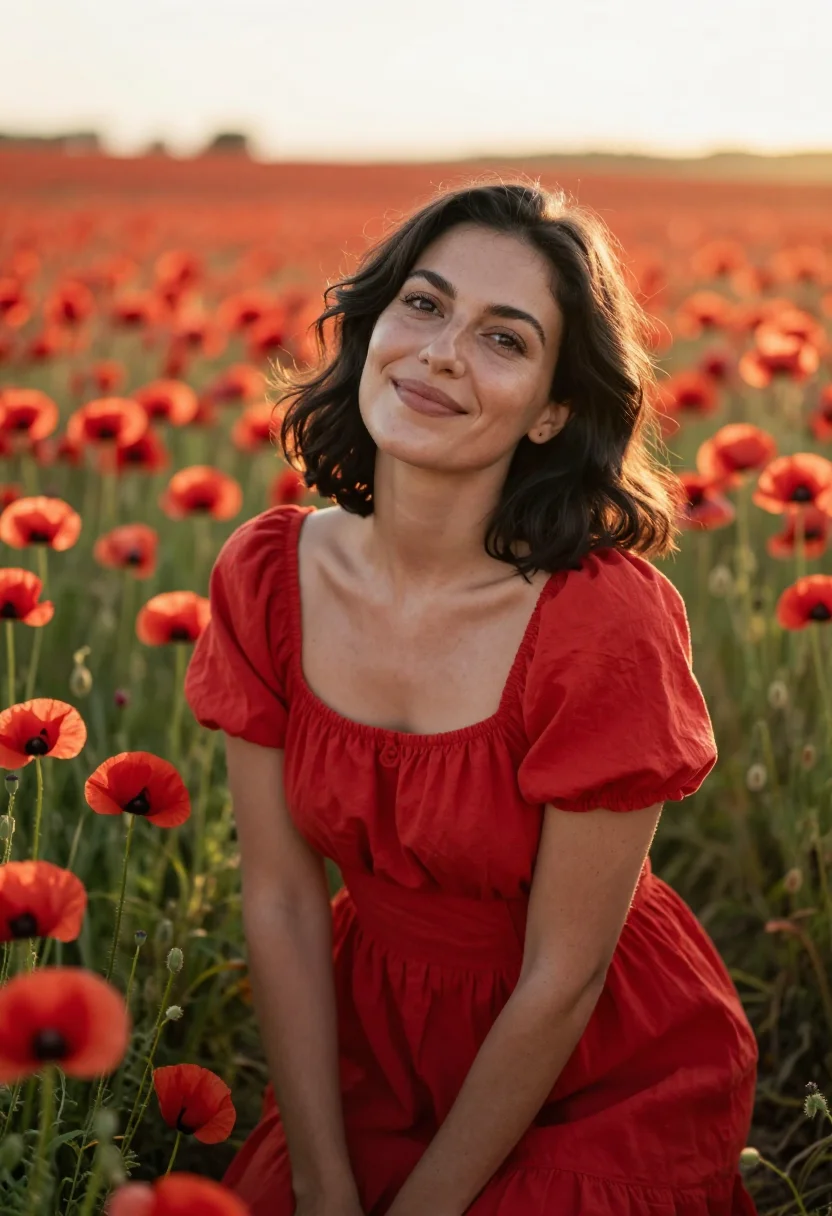 AI provence poppy fields may red sample — portrait of a woman, an Italian traveller in her mid-thirtie