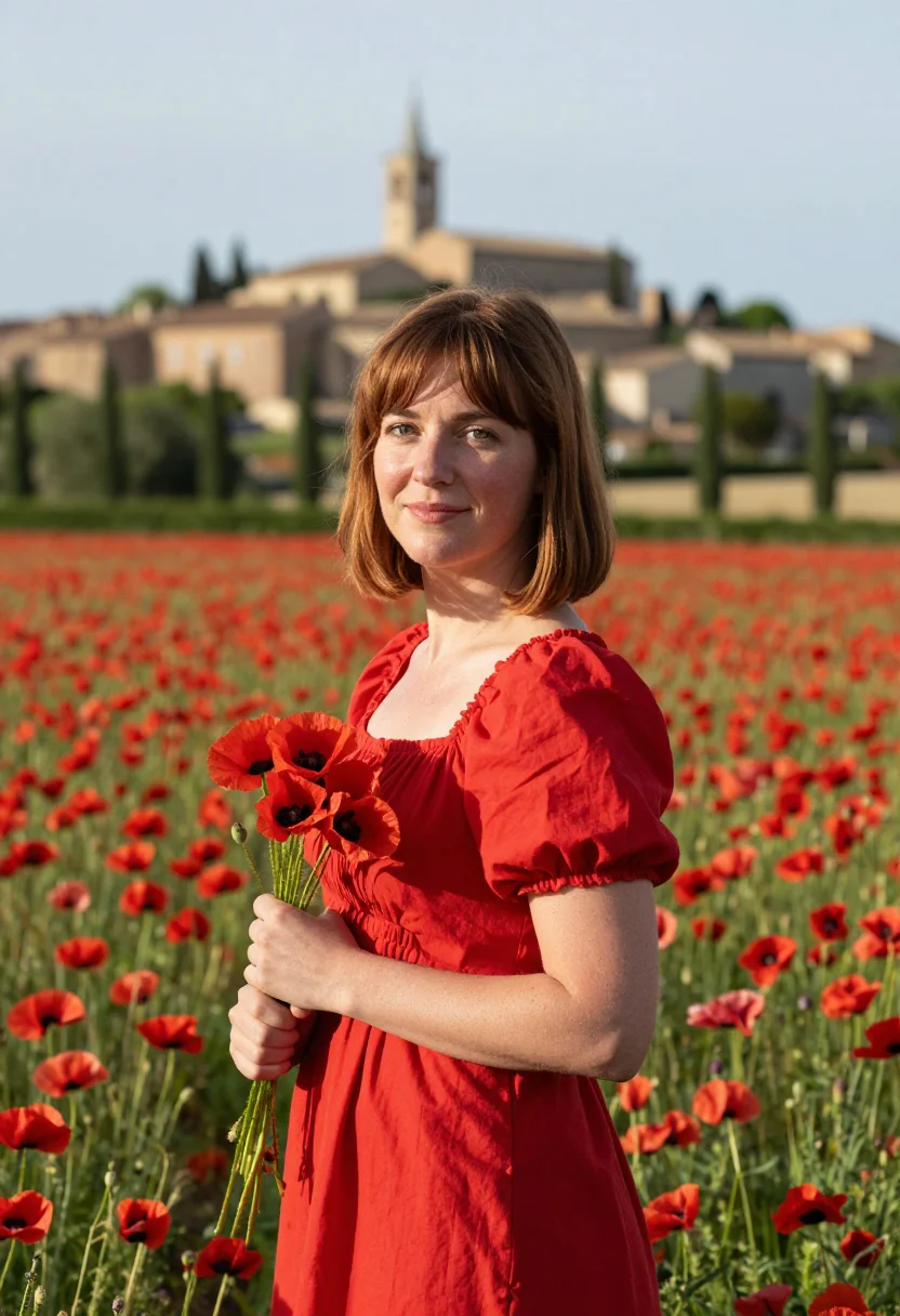 AI provence poppy fields may red sample — portrait of a woman, an English traveller in her early forti