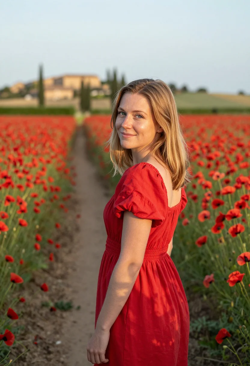 AI provence poppy fields may red sample — portrait of a woman, a Belgian traveller in her late twentie
