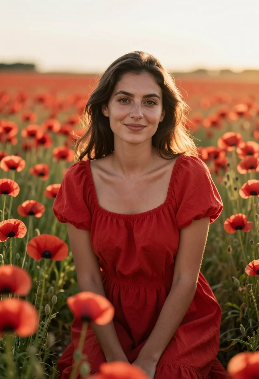 AI provence poppy fields may red sample — portrait of a woman, a French traveller in her early thirtie