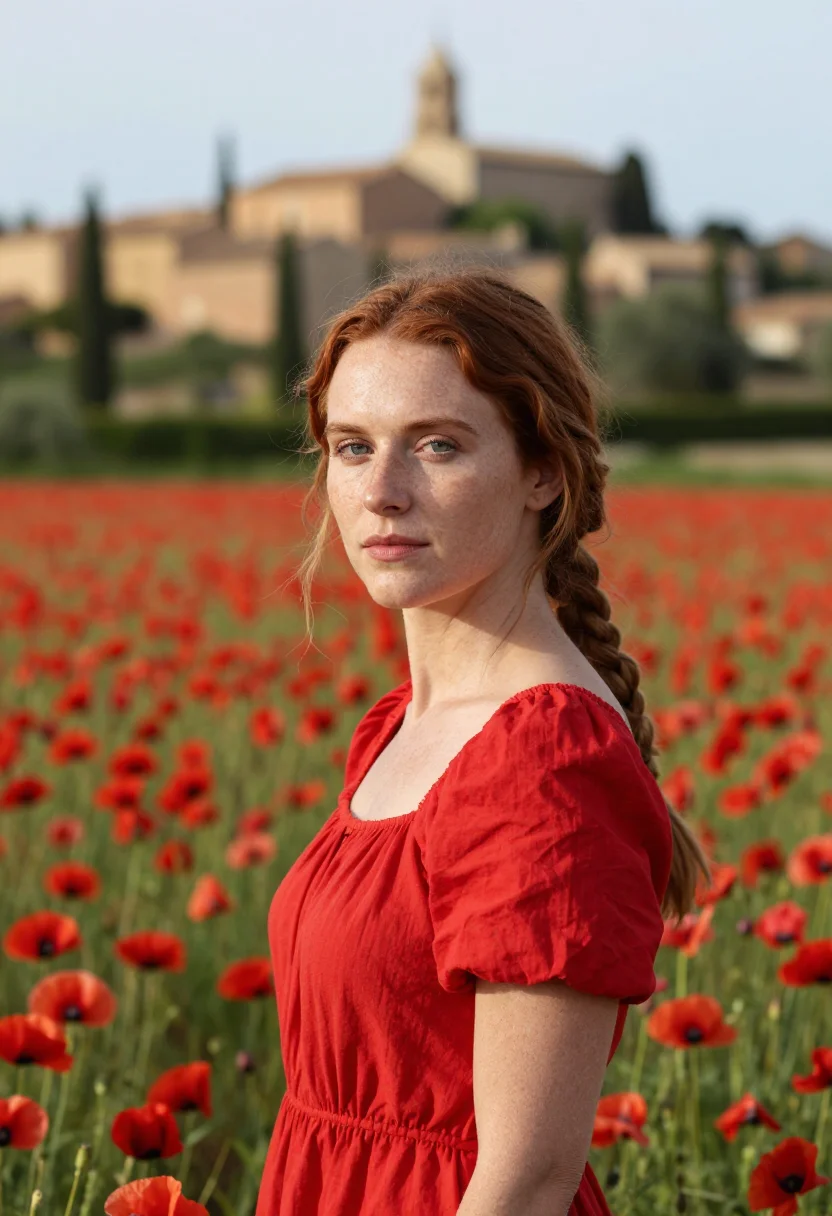 AI provence poppy fields may red sample — portrait of a woman, a French traveller in her late twenties