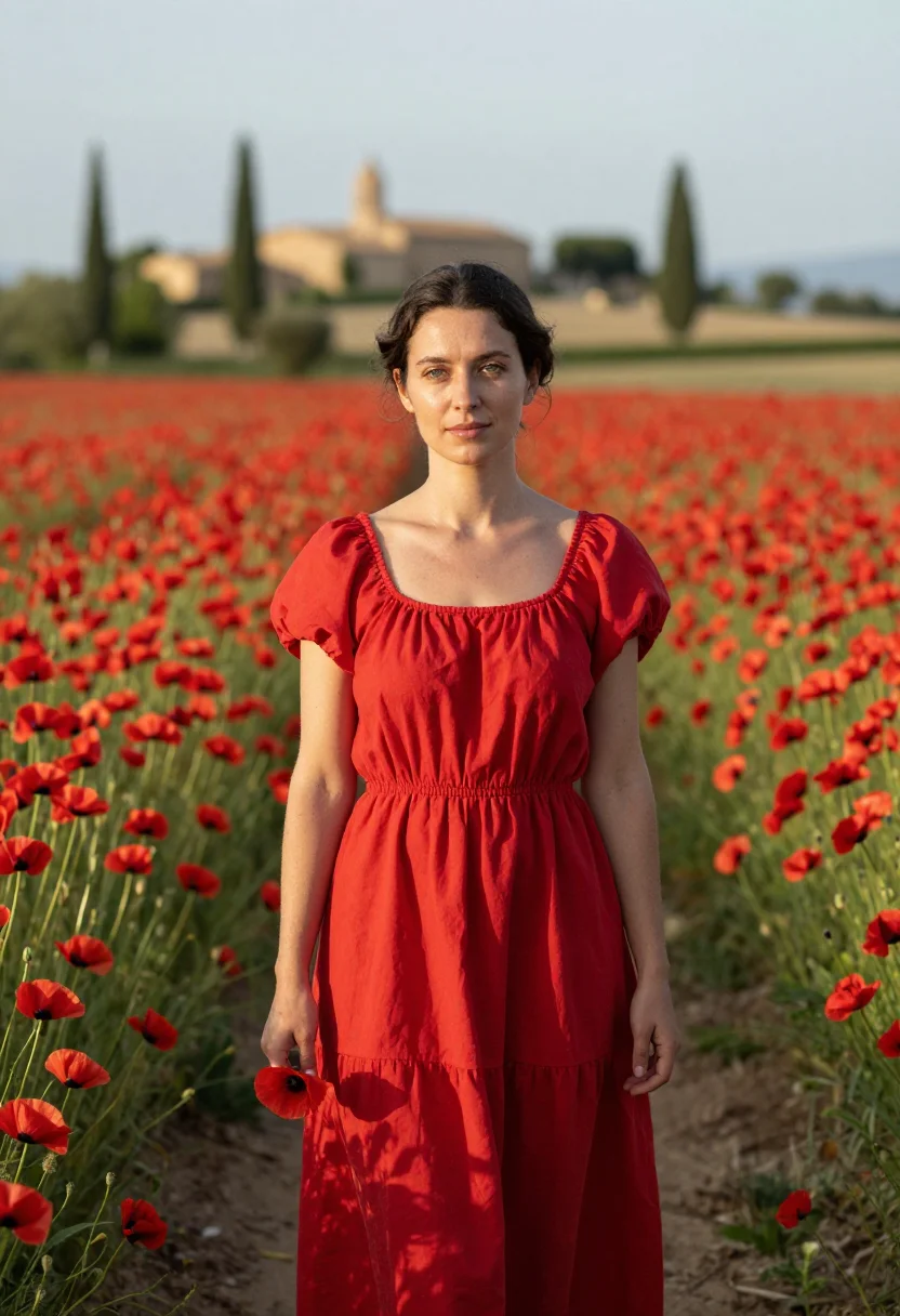 AI provence poppy fields may red sample — portrait of a woman, a French traveller in her mid-thirties