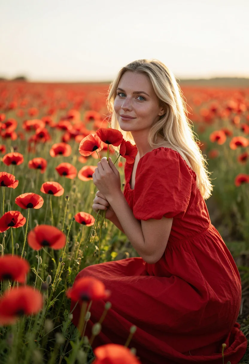 AI provence poppy fields may red sample — portrait of a woman, a Swedish traveller in her late twentie