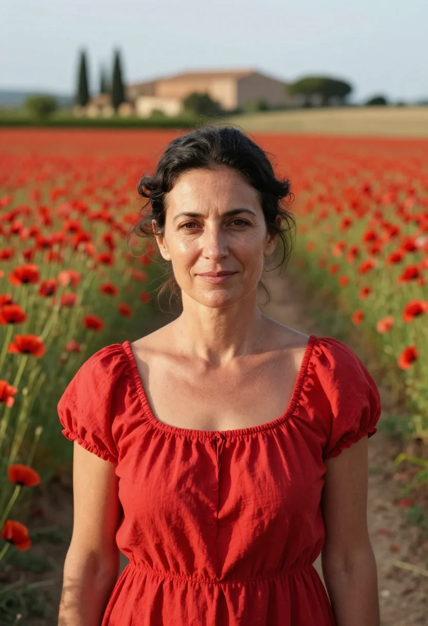 AI provence poppy fields may red sample — portrait of a woman, a Spanish traveller in her late thirtie