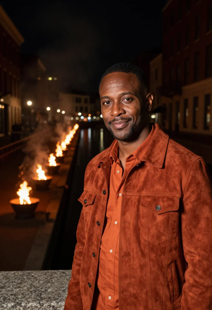AI providence designer waterfire ember sample — portrait of a man, a Cape Verdean American designer in his f