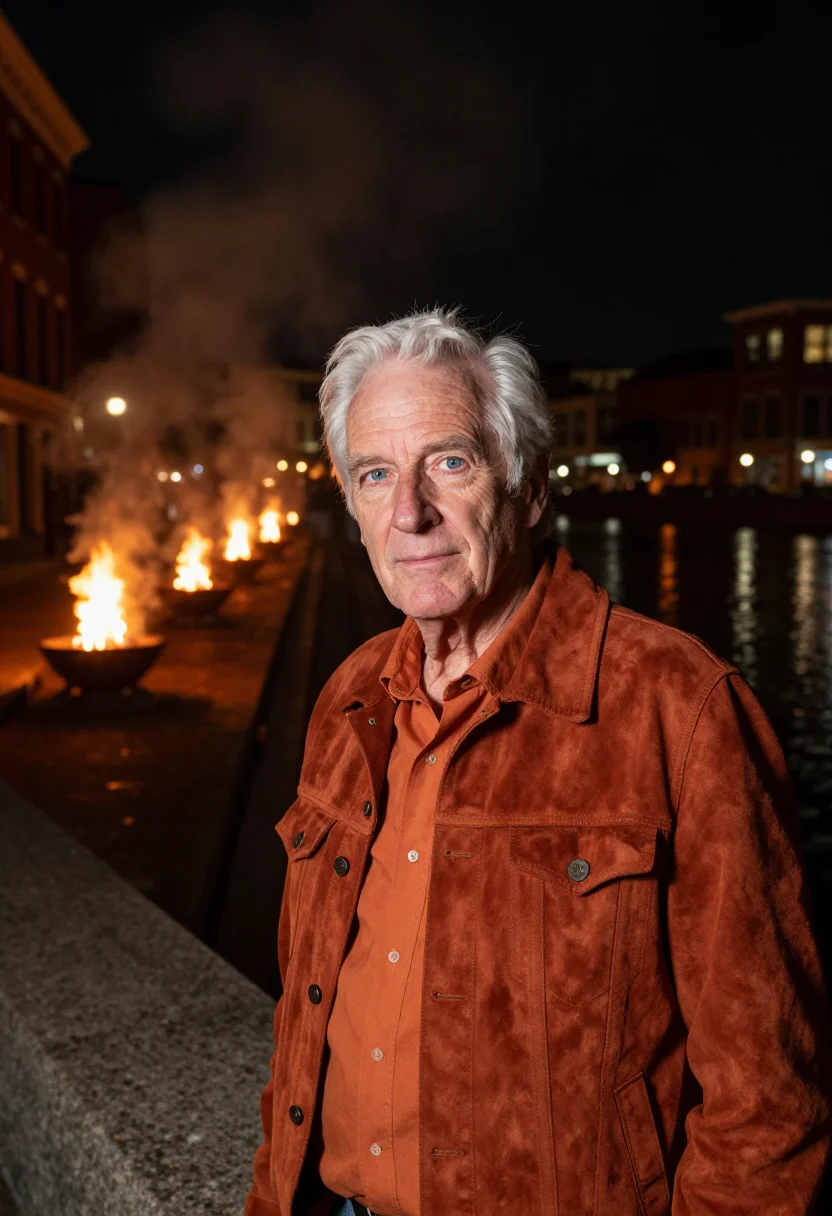 AI providence designer waterfire ember sample — portrait of a man, a designer in his sixties with weathered
