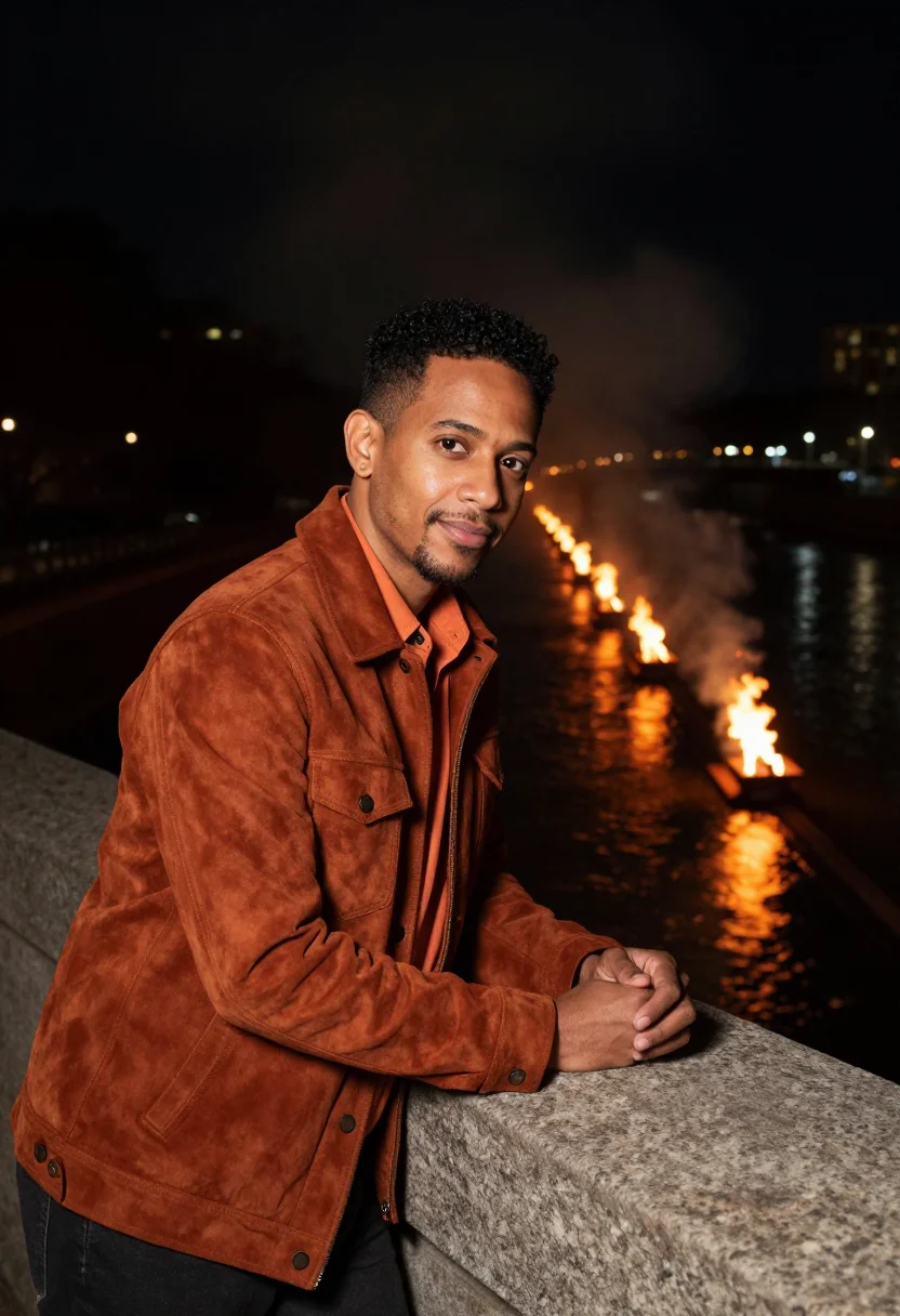 AI providence designer waterfire ember sample — portrait of a man, a Dominican-American designer in his thir