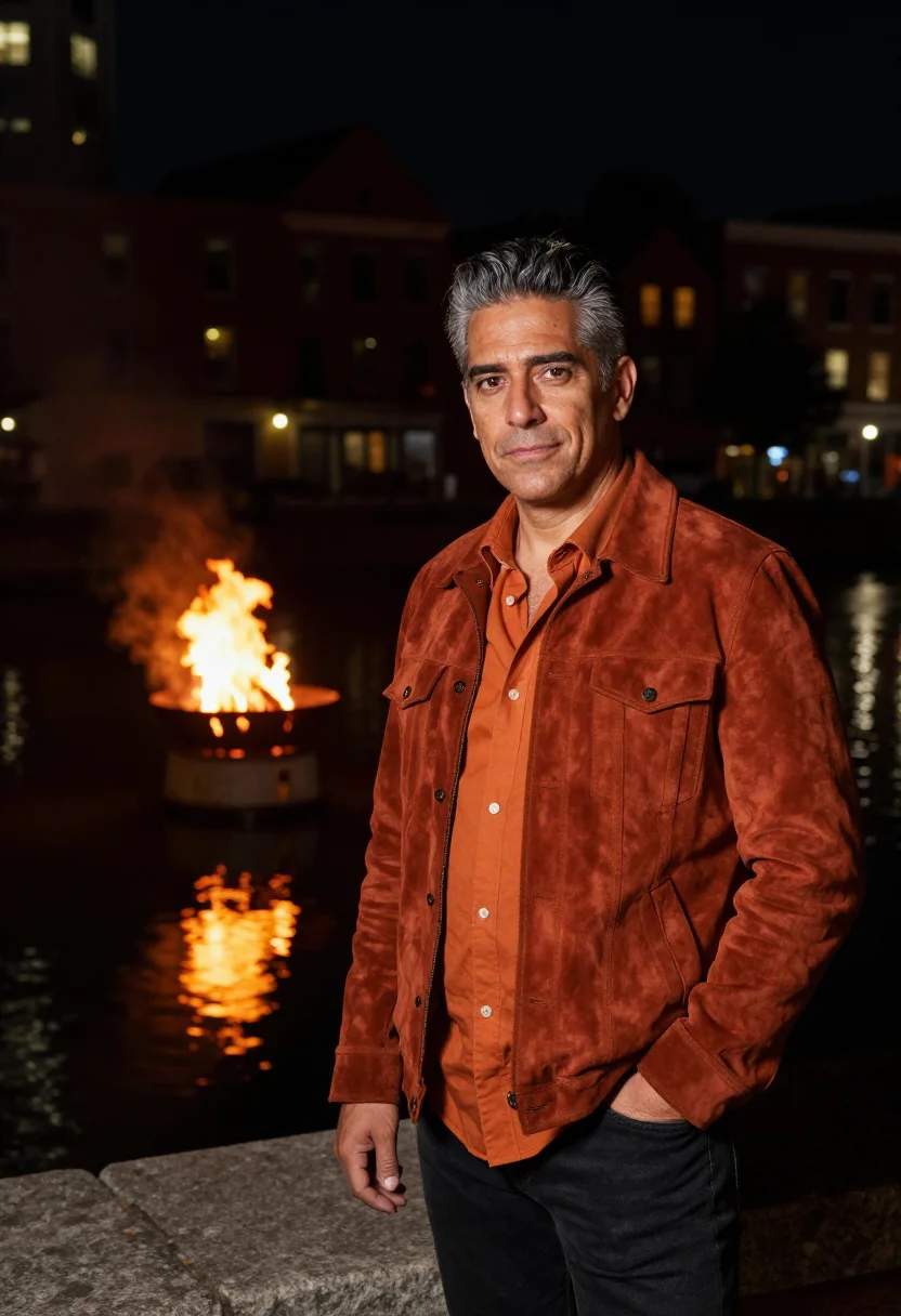 AI providence designer waterfire ember sample — portrait of a man, a designer in his fifties with olive skin