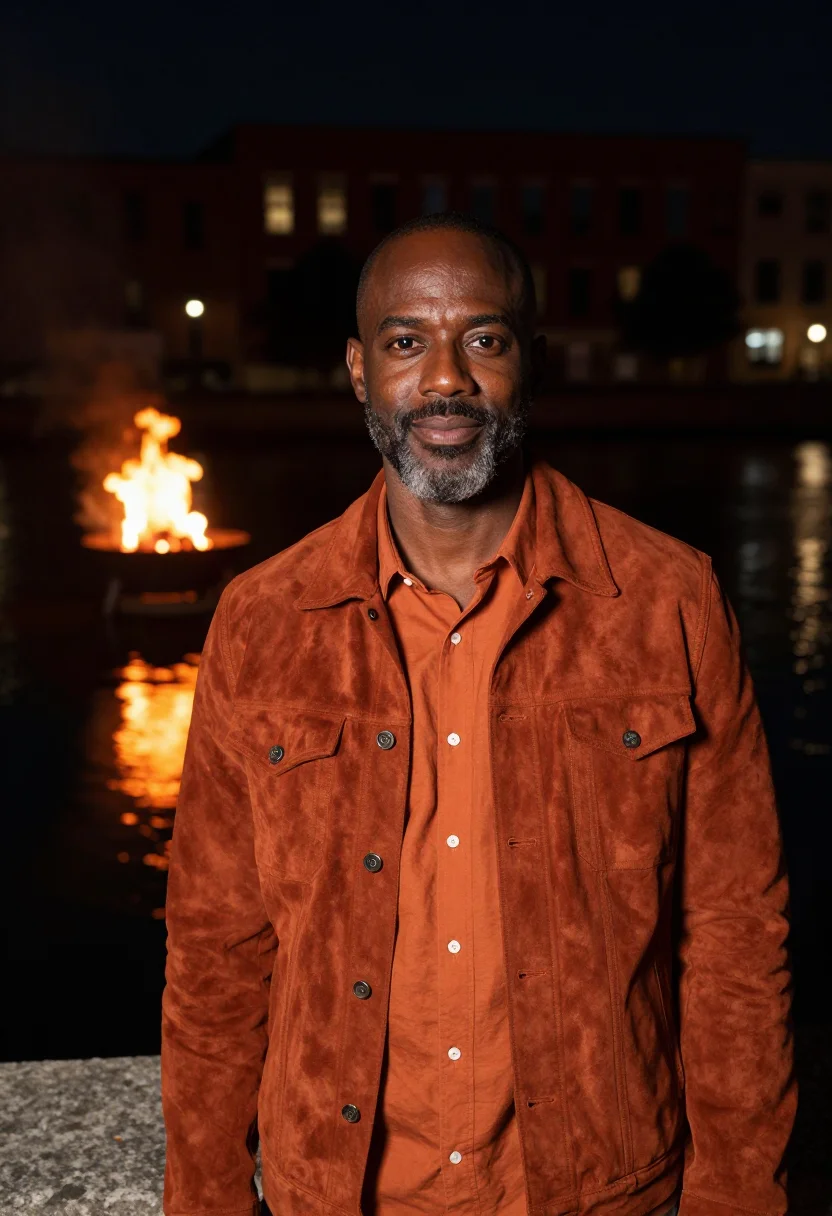AI providence designer waterfire ember sample — portrait of a man, a Black designer in his forties with deep