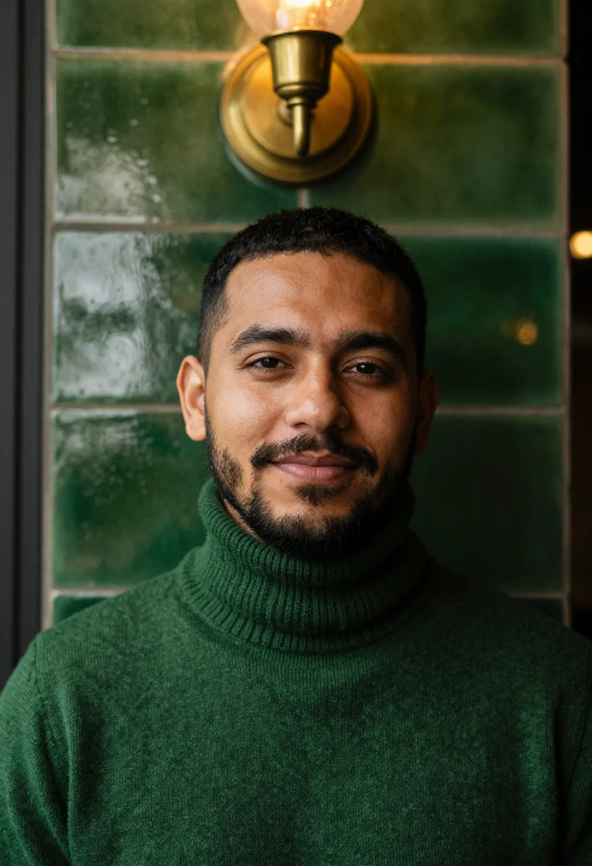 AI pub snug bottle green sample — portrait of a man, tight head-and-shoulders winter portrait