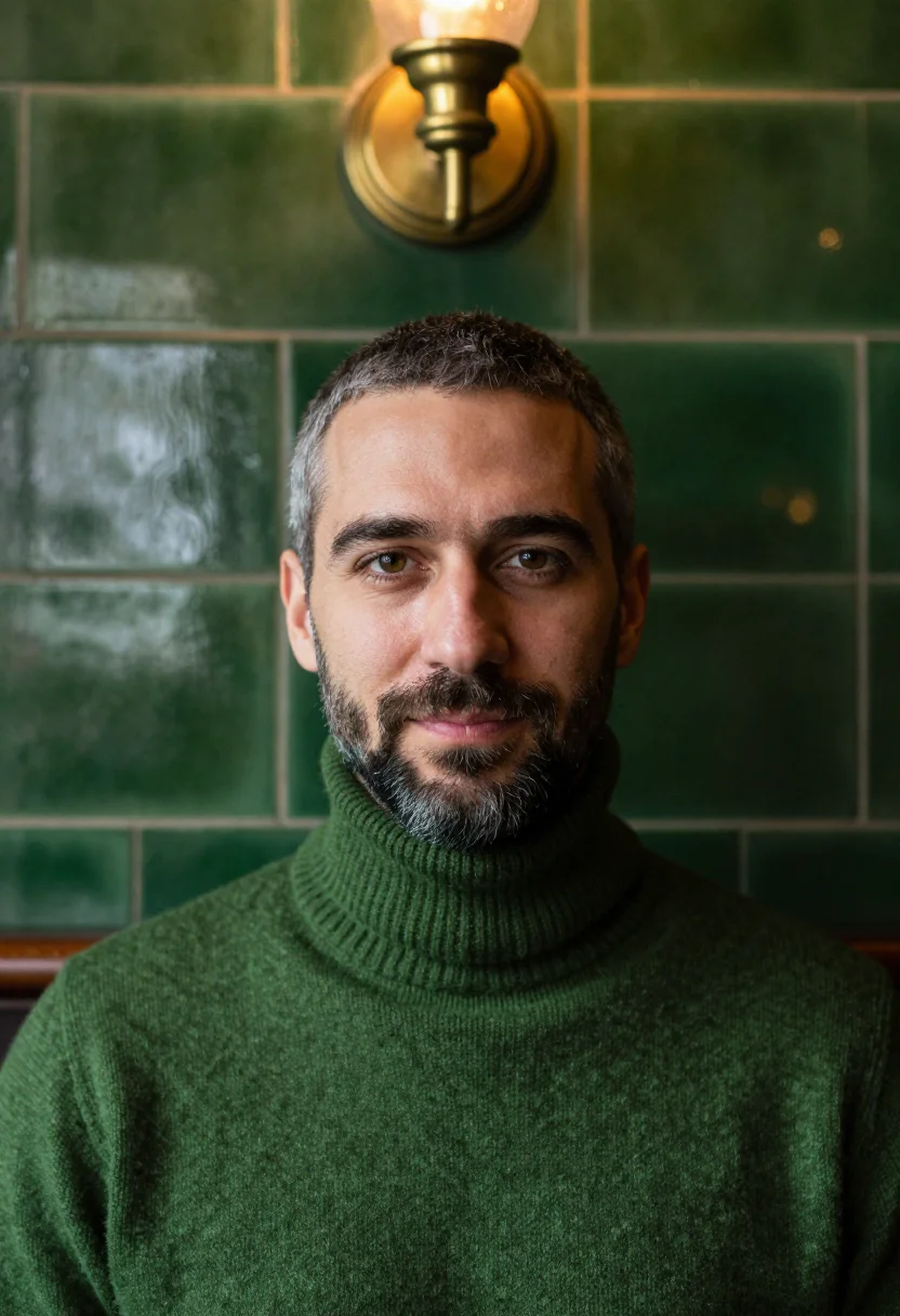 AI pub snug bottle green sample — portrait of a man, tight head-and-shoulders winter portrait