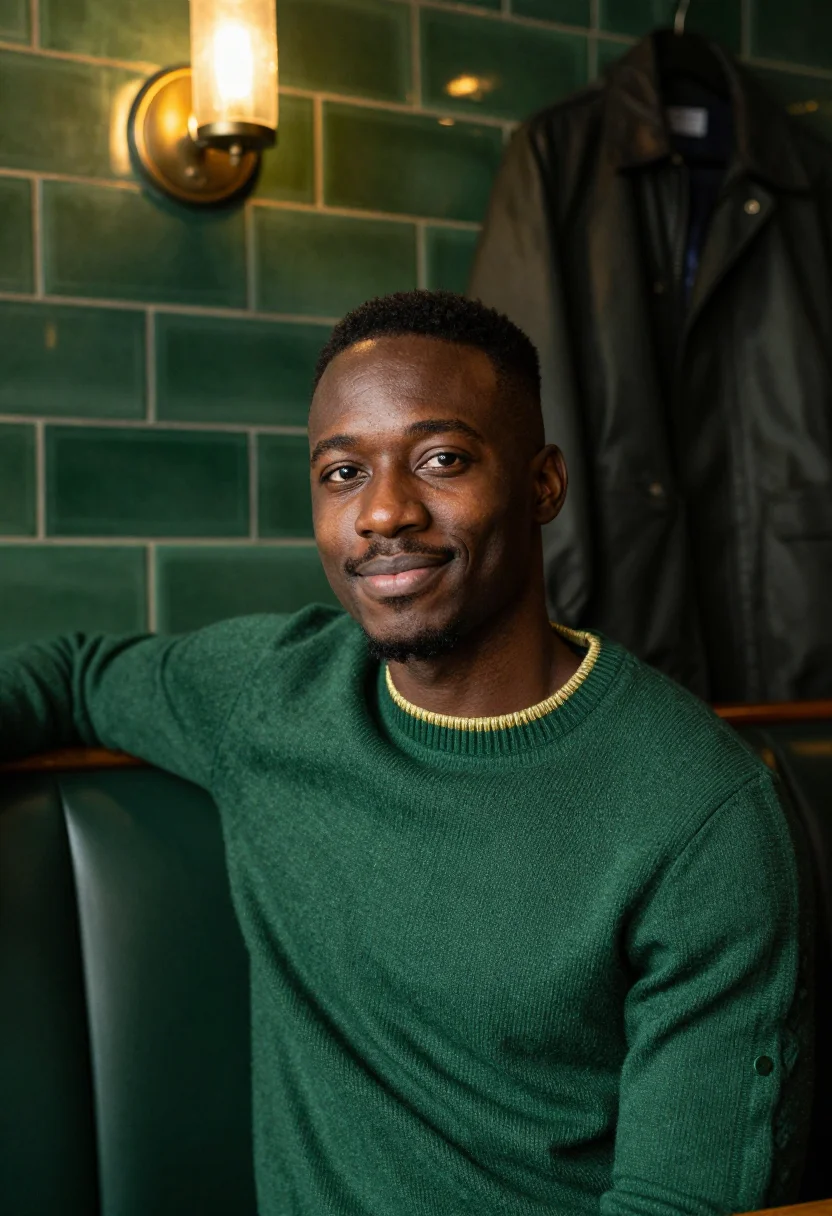 AI pub snug bottle green sample — portrait of a man, chest-up winter portrait of a Black man i