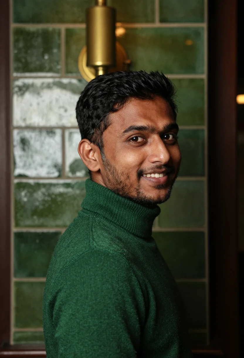 AI pub snug bottle green sample — portrait of a man, tight head-and-shoulders winter portrait
