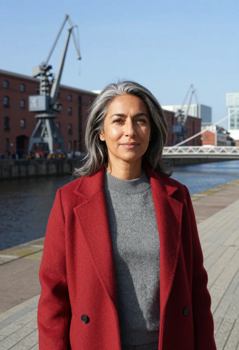 AI puerto madero fintech founder brick dock steel sample — portrait of a woman, a fintech founder in her late forties w