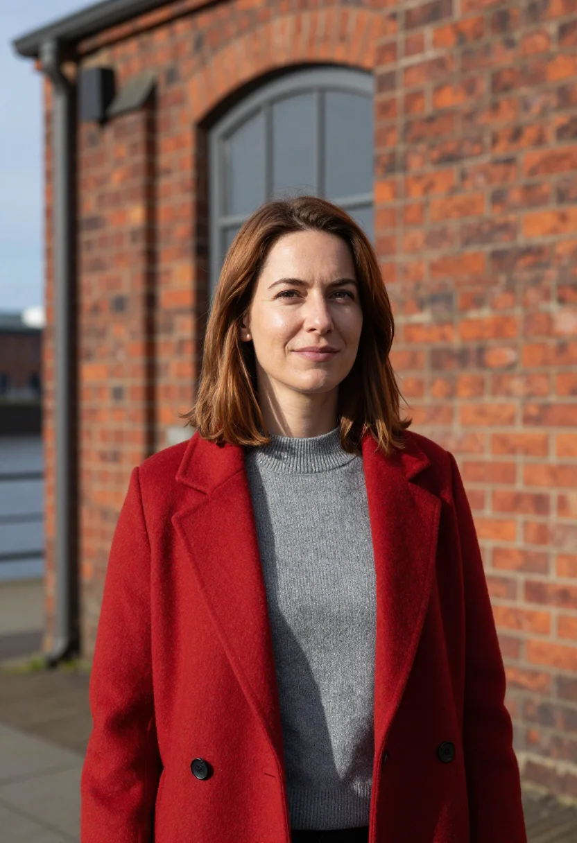 AI puerto madero fintech founder brick dock steel sample — portrait of a woman, a fintech founder in her mid-forties wi