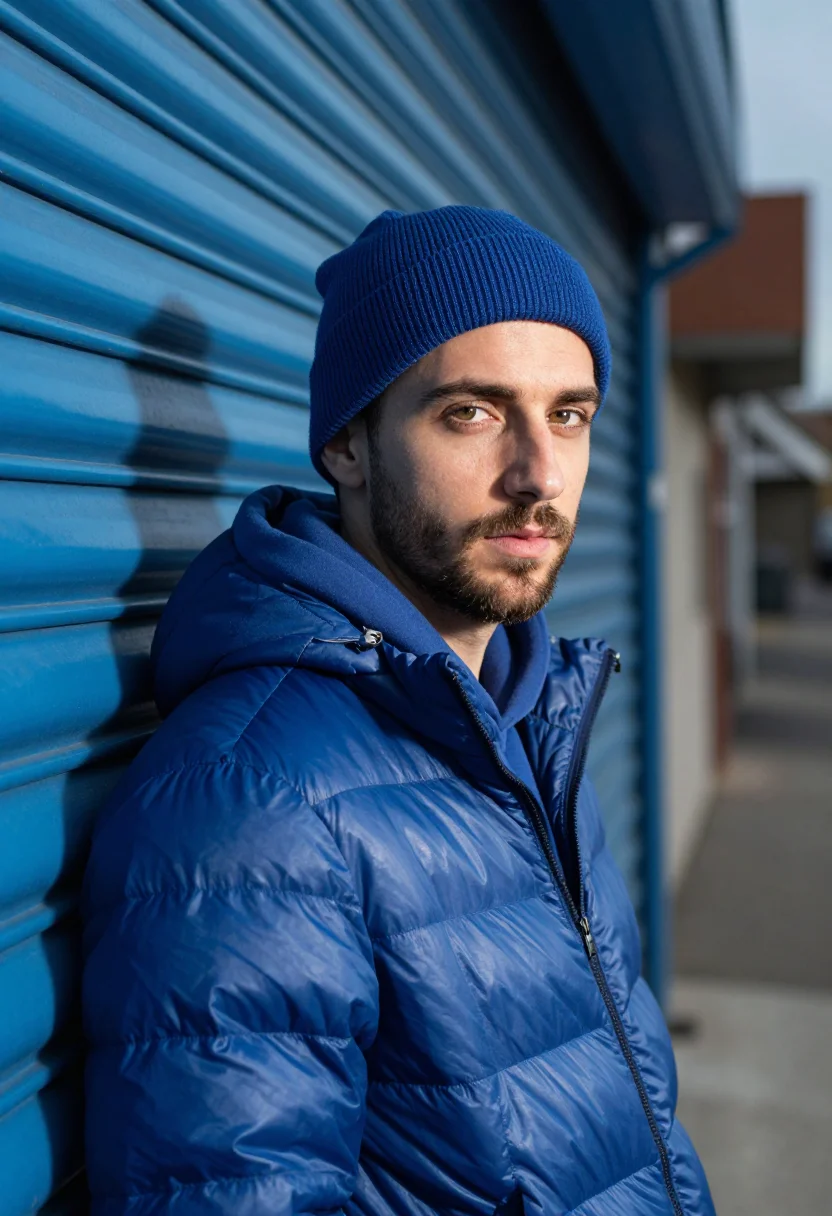 AI puffer cobalt sample — portrait of a man, framed as a tight headshot from the crown