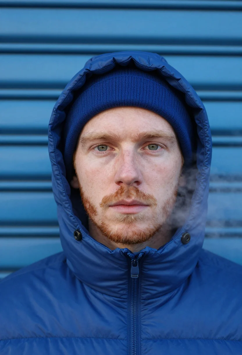 AI puffer cobalt sample — portrait of a man, framed as a tight headshot from the crown