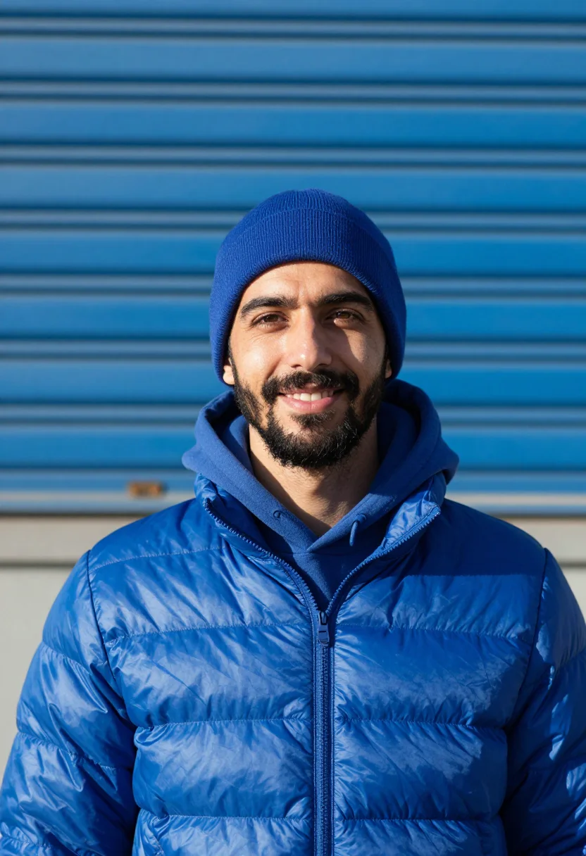 AI puffer cobalt sample — portrait of a man, framed head and shoulders, tighter, the b