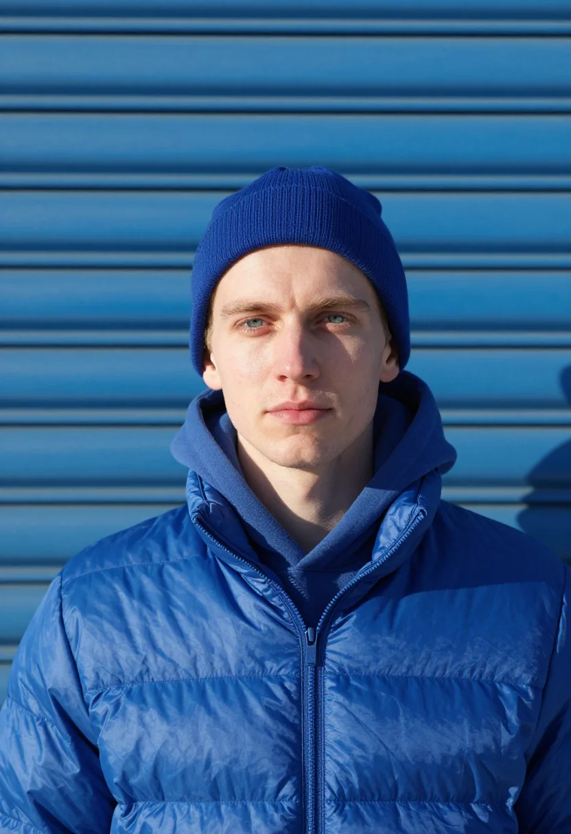 AI puffer cobalt sample — portrait of a man, framed as a tight headshot from the crown