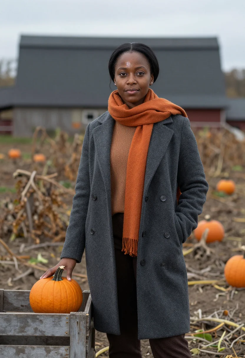 AI pumpkin farmer october orange sample — portrait of a woman, half-length portrait of a Black woman i
