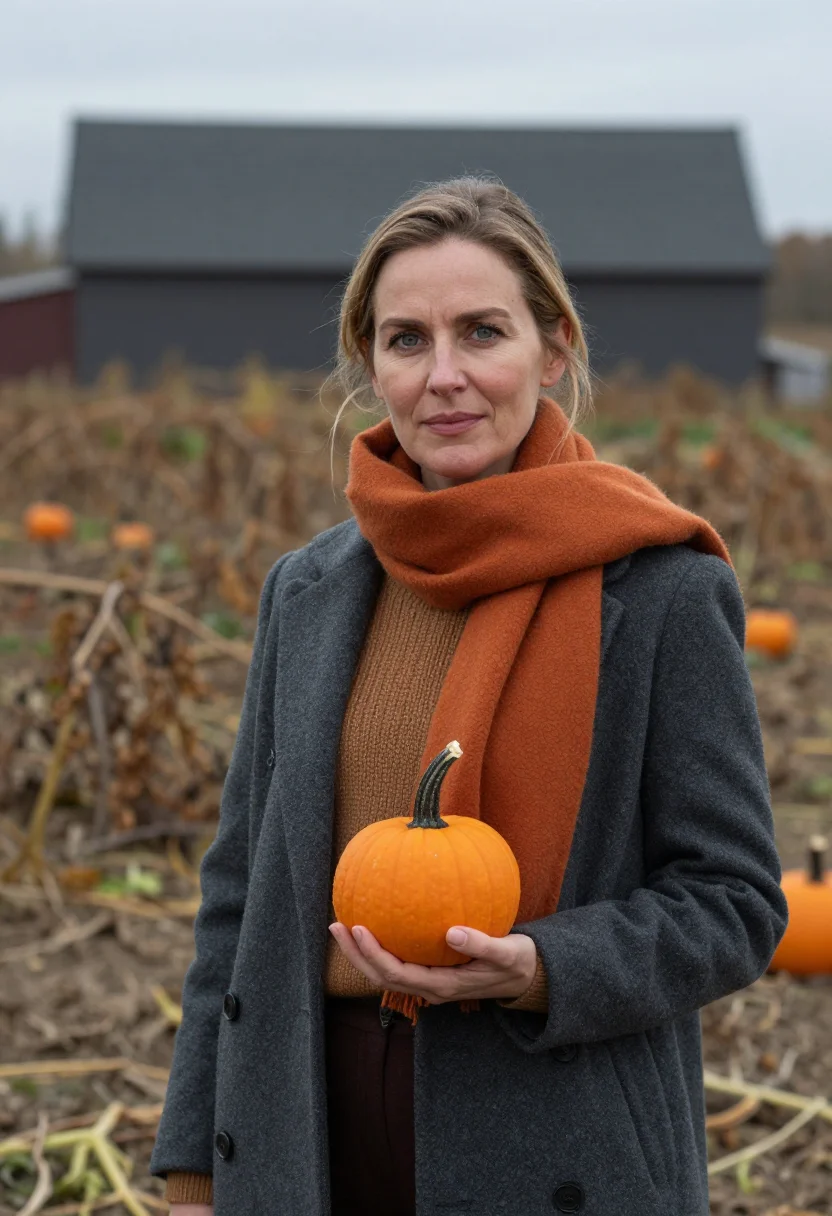 AI pumpkin farmer october orange sample — portrait of a woman, chest-up portrait of a Western-European