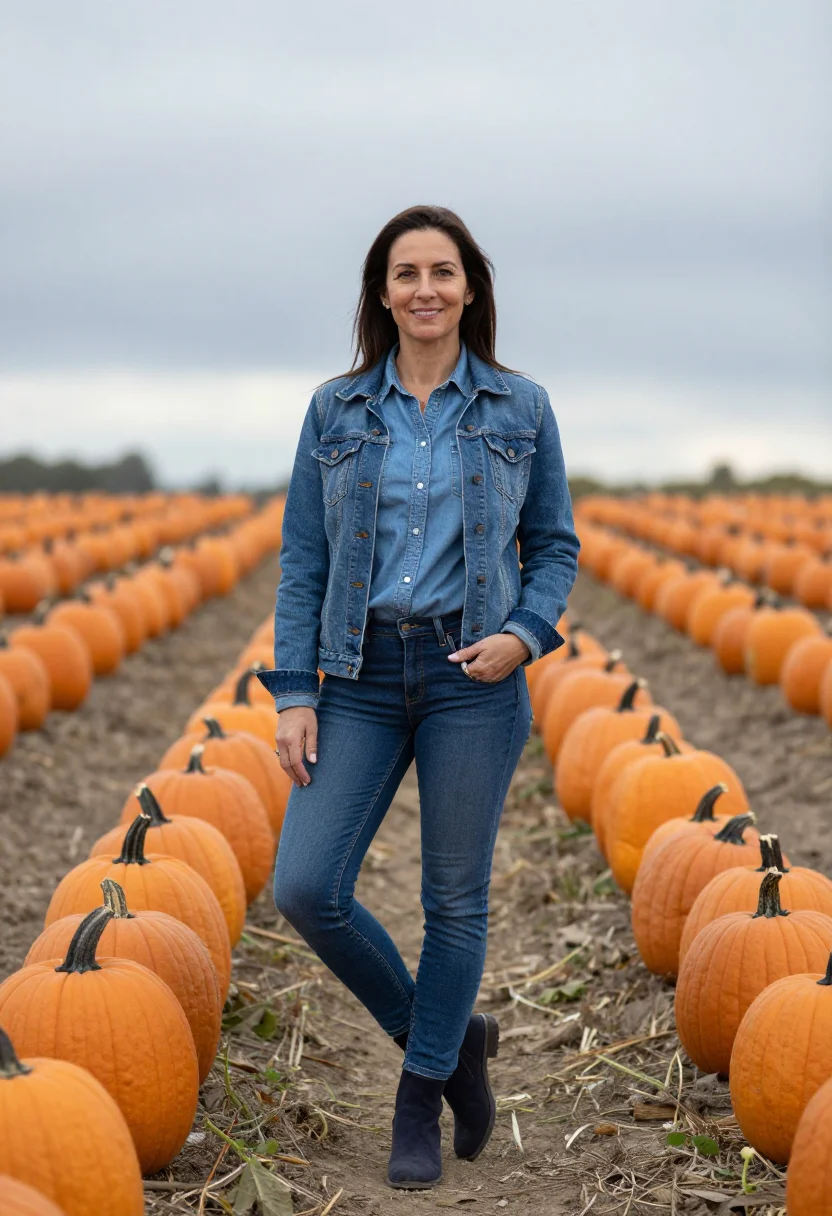 AI pumpkin patch denim orange sample — portrait of a woman, framed full-length from head to shoes w