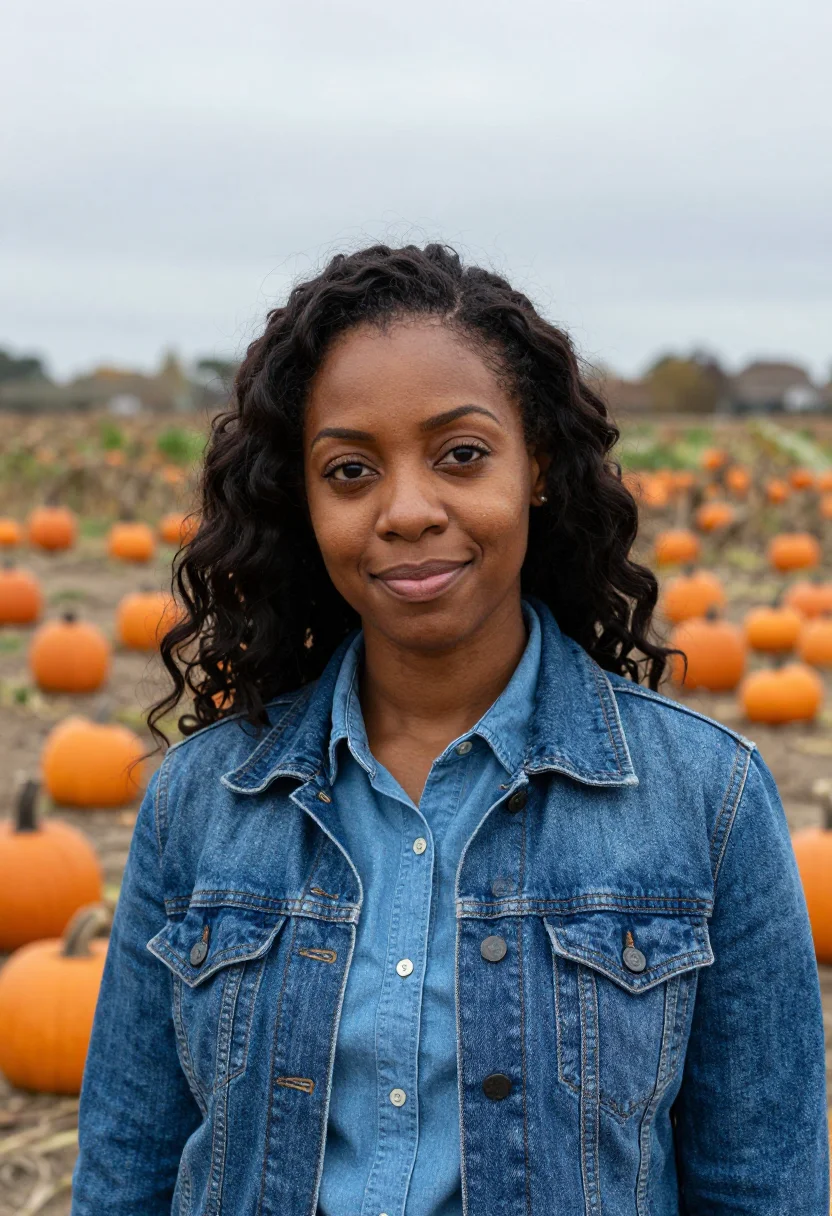 AI pumpkin patch denim orange sample — portrait of a woman, framed tight, head and shoulders, the b