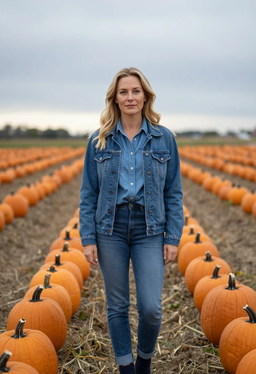 AI pumpkin patch denim orange sample — portrait of a woman, framed chest-up, the crop stopping at t