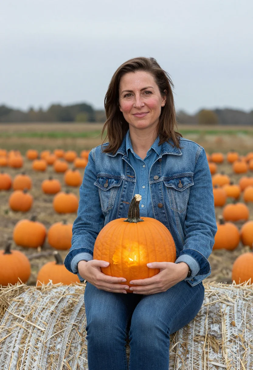 AI pumpkin patch denim orange sample — portrait of a woman, framed half-length from the hips up, a